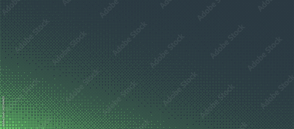 Dither Pattern Bitmap Texture Halftone Angled Gradient Vector Wide Abstract Background. Glitch Screen With Flicker Pixels Effect Wide Backdrop. 8 Bit Pixel Art Retro Video Game Bright Green Decoration