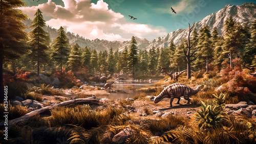 Animaux préhistoriques, dinosaures, paysage du temps des dinosaures - Générative IA © Concept Photo Studio
