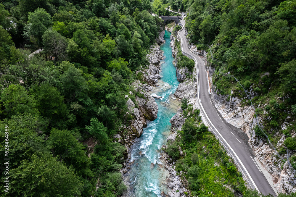 Soca river, Slovenia. Crystal clear and emerald green landscape. Drone View