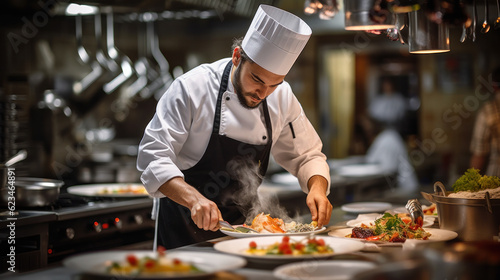 Cook man neatly decorates the dish. young professional chef adding some piquancy to meal. in modern kitchen, at work in uniform