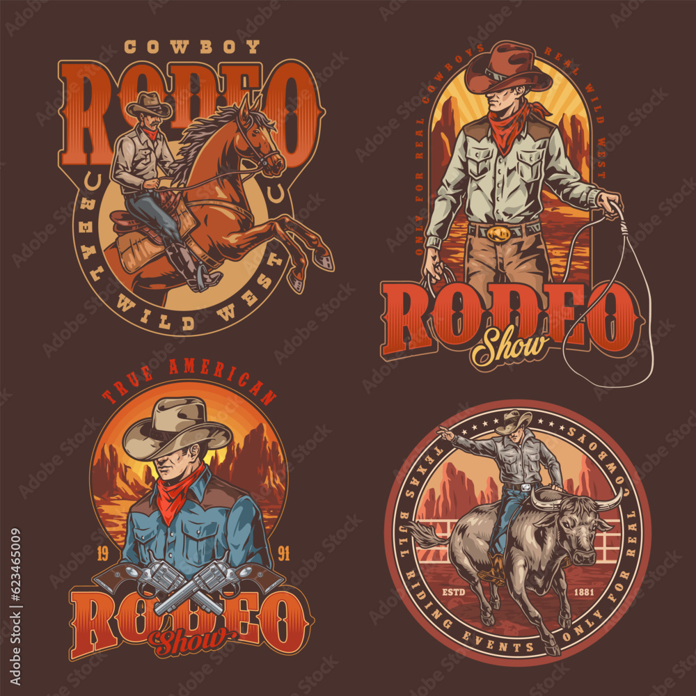 cowboy rodeo colorful set posters