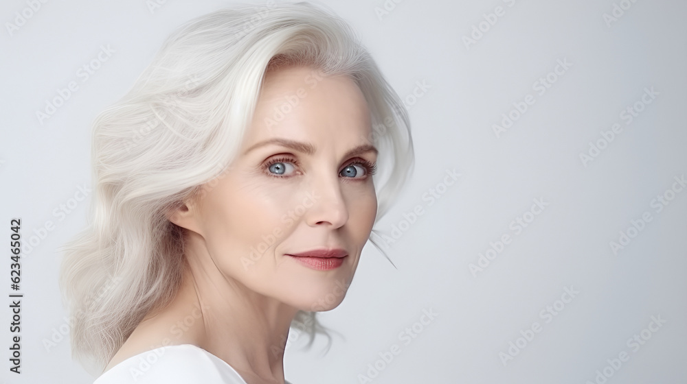 Beautiful gorgeous middle aged 50s mature woman with gray long hair looking at camera isolated on light gray studio background with copy space. Healthy facial skin care, middle age skin AI generative Beautiful gorgeous middle aged 50s mature woman with gray long hair looking at camera isolated on light gray studio background with copy space. Healthy facial skin care, middle age skin AI generative