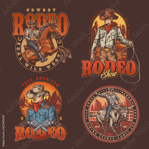 cowboy rodeo colorful set posters