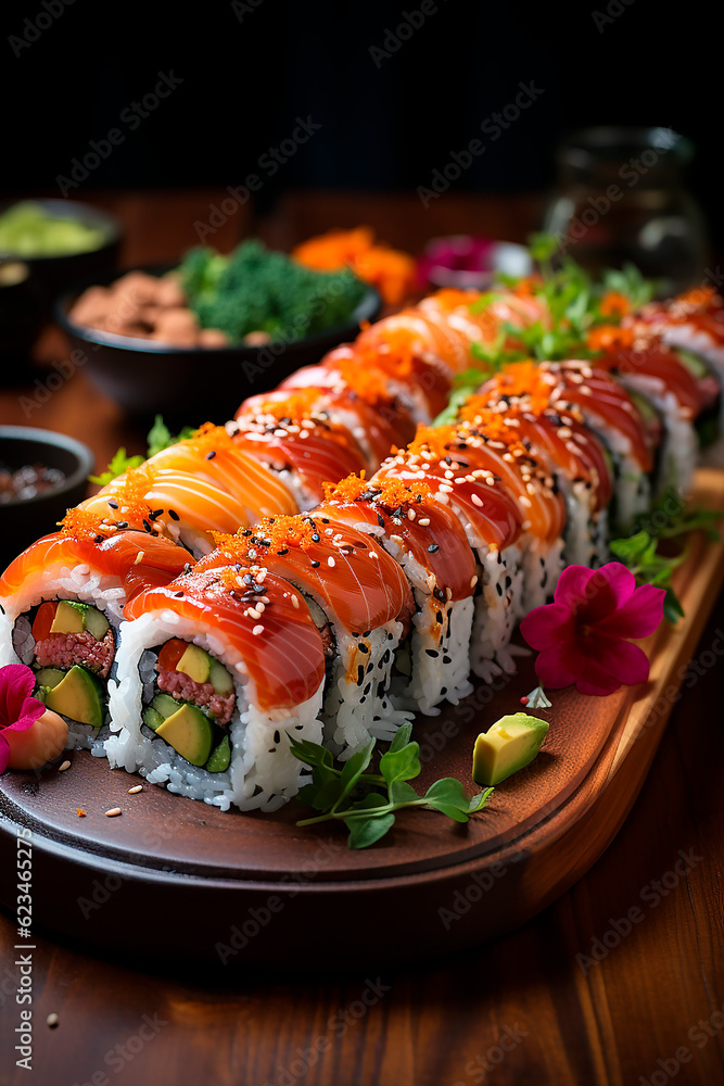 Colored sushi roll set, sushi close-up shot, on a dark background. Sushi with salmon. Asian food concept. Colored sushi roll set, sushi close-up shot, on a dark background. Sushi with salmon. Asian food concept.