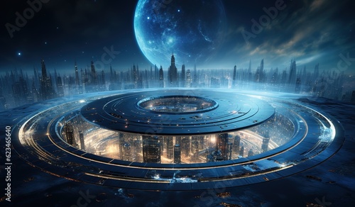 Futuristic sci-fi background. Blue circle portal with light bursts and sparkles.