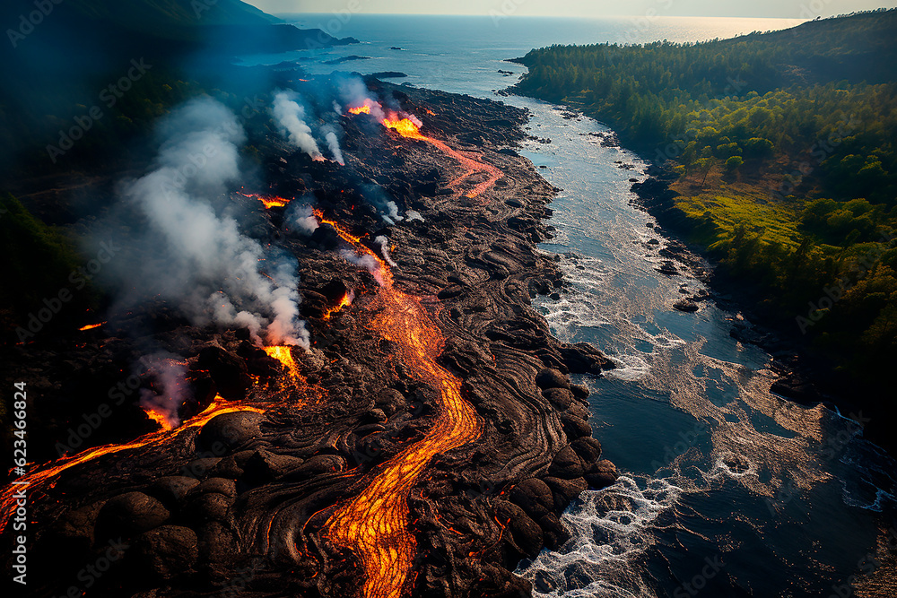 Fototapeta premium Lava flows from mountain, volcano eruption, evening aerial view. Generative AI