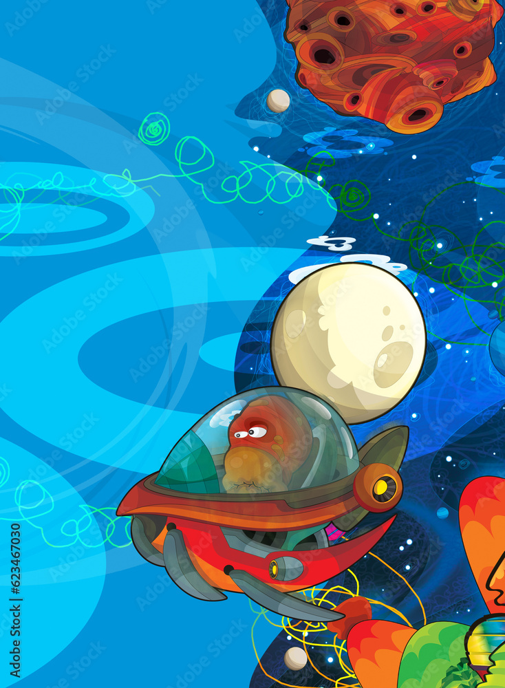 Cartoon funny colorful scene of cosmos galactic alien ufo isolated illustration for children Cartoon funny colorful scene of cosmos galactic alien ufo isolated illustration for children