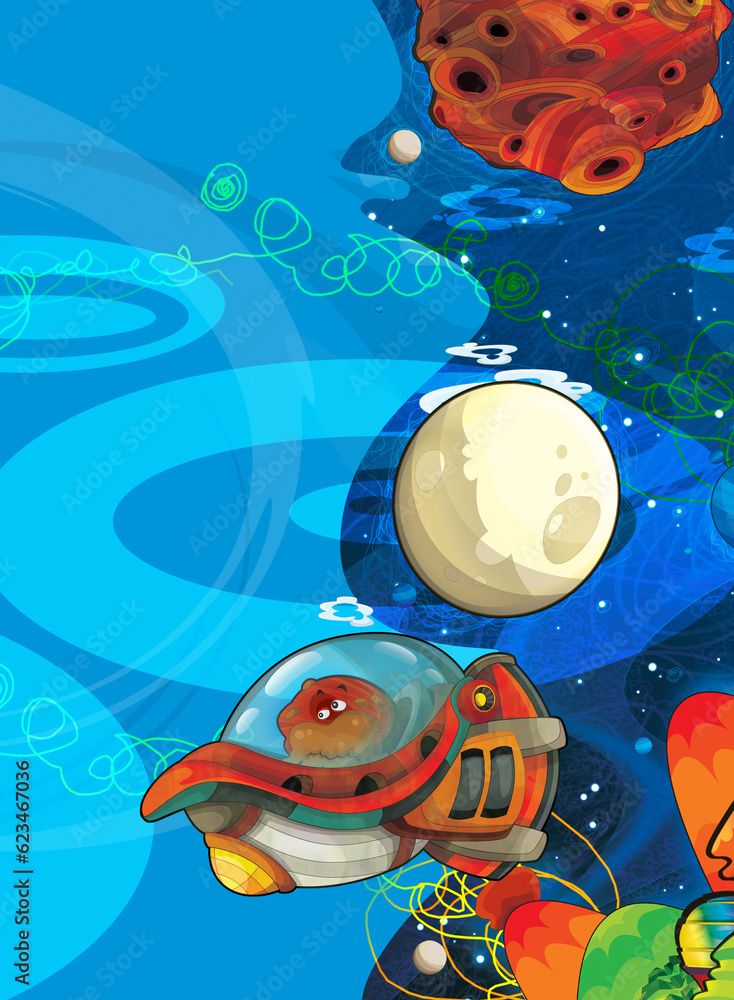 Cartoon funny colorful scene of cosmos galactic alien ufo isolated illustration for children Cartoon funny colorful scene of cosmos galactic alien ufo isolated illustration for children