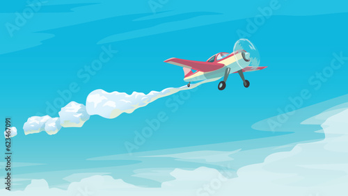 red small airplane in clouds blue sky