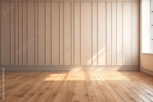 Empty Wall with Wood Flooring and Unique Lighting. Generative AI © Andrii 