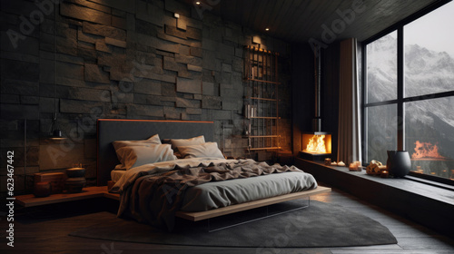Dark and indulgent bedroom retreat for relaxation. Generative AI © Andrii 