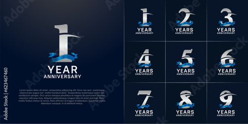 set of anniversary logo with silver number and blue ribbon can be use for celebration