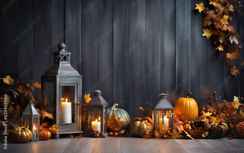 Obraz premium Lantern with candle and pumpkins autumn composition over blue wooden background. Rustic style. Copy space for holiday card.