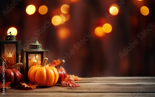 Vintage lantern with burning candle, pumpkins, maple leaves on warm toned background with Blurred bokeh lights. Halloween Composition, Thanksgiving day concept. Copy space