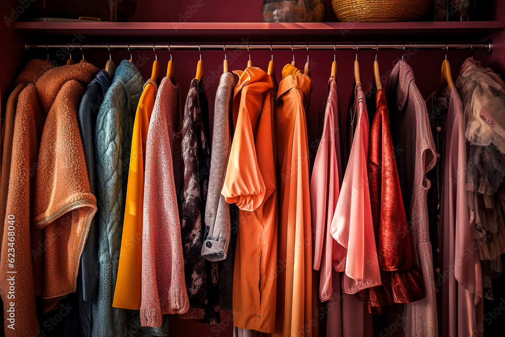 Vêtements sur des cintres, alignés sur un portant de boutique de mode ou de dressing - Générative IA