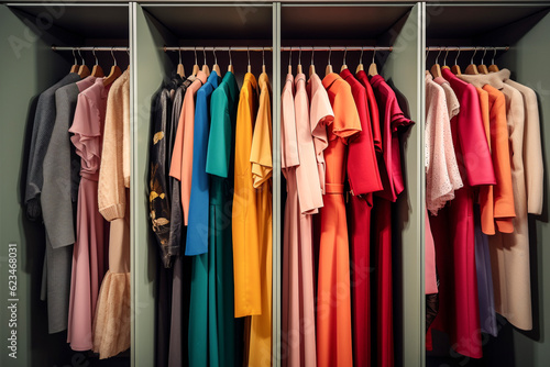 Vêtements sur des cintres, alignés sur un portant de boutique de mode ou de dressing - Générative IA photo
