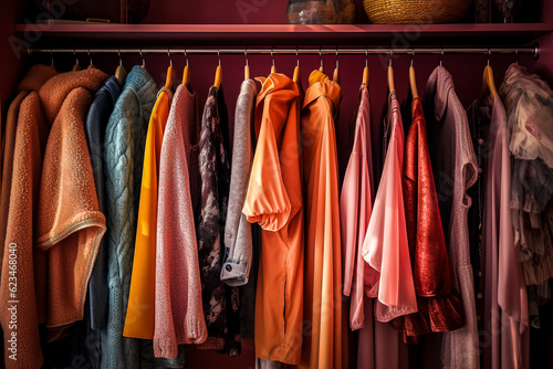 Vêtements sur des cintres, alignés sur un portant de boutique de mode ou de dressing - Générative IA