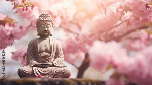 buddha statue with beautiful cherry blossoms in springtime on blurred background with copy space