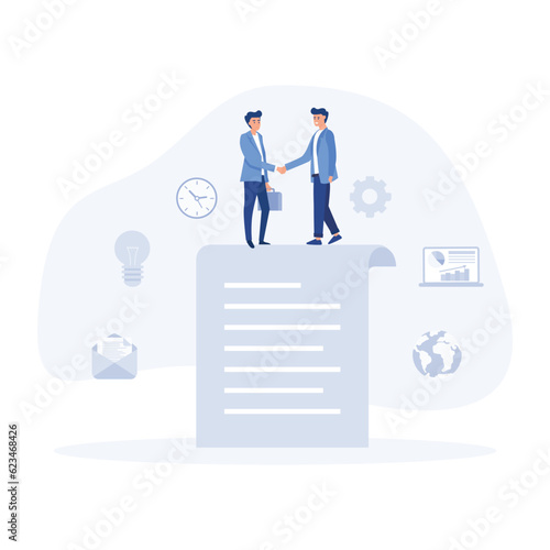 business concept, people standing on a signed contract,  flat vector modern illustration