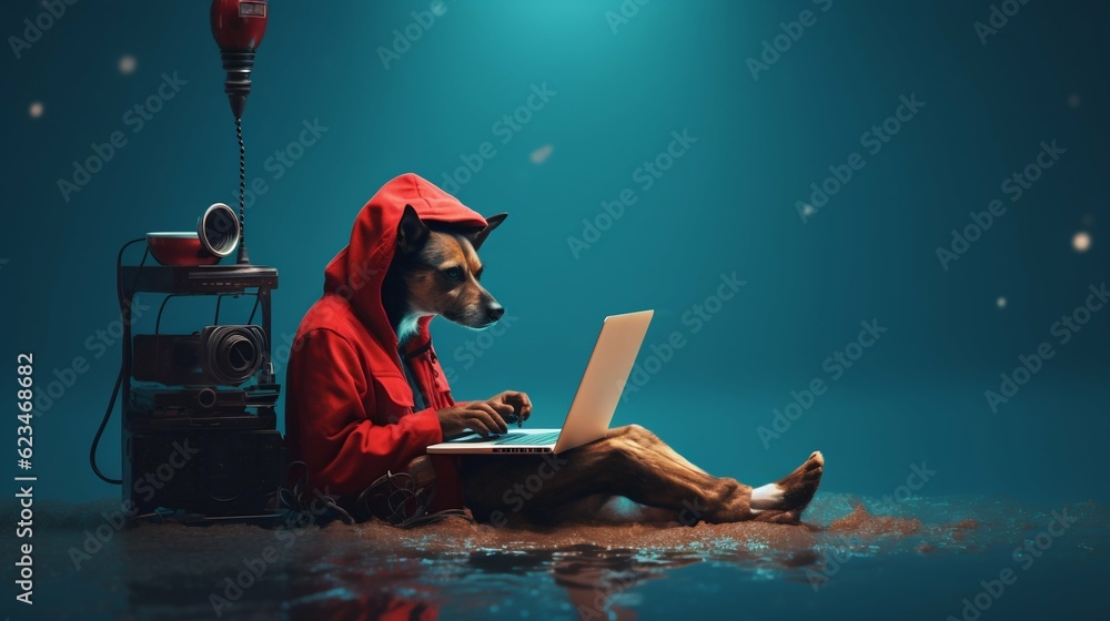 Dog Wearing a Red Hoodie Sitting at a Laptop. Generative ai