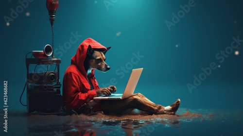 Obraz na płótnie Dog Wearing a Red Hoodie Sitting at a Laptop. Generative ai w salonie