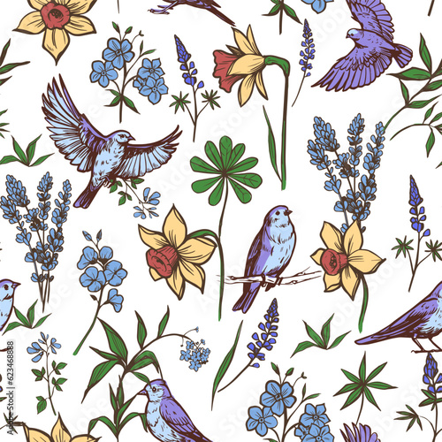 Flying birds with flowers. Floral design. Seamless vector pattern. Sketch illustration. Print design for fabric, wallpaper, packaging
