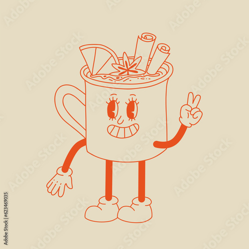 Retro poster with coffee mascot, cartoon characters, funny line doodle style characters, cappuccino, cocoa, latte, espresso. Vector illustration on beige isolated background.