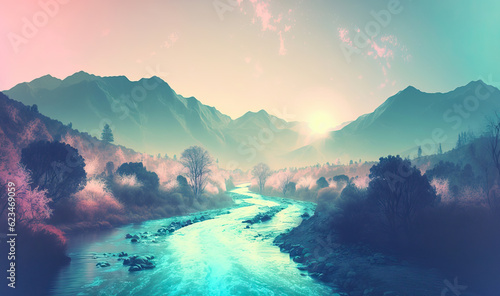 Wallpaper of beautiful river and mountain landscape,misty morning in the mountains