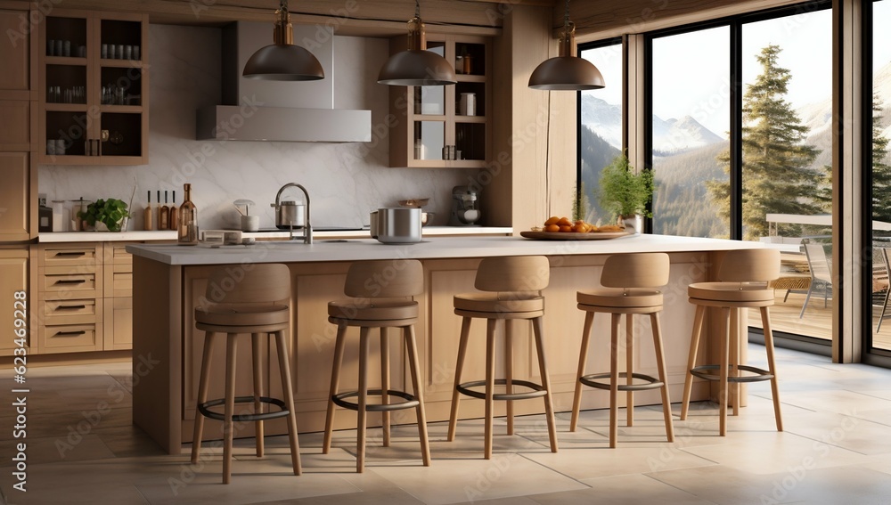 Modern Bright Kitchen Interior with Wood Stools. Generative ai Modern Bright Kitchen Interior with Wood Stools. Generative ai