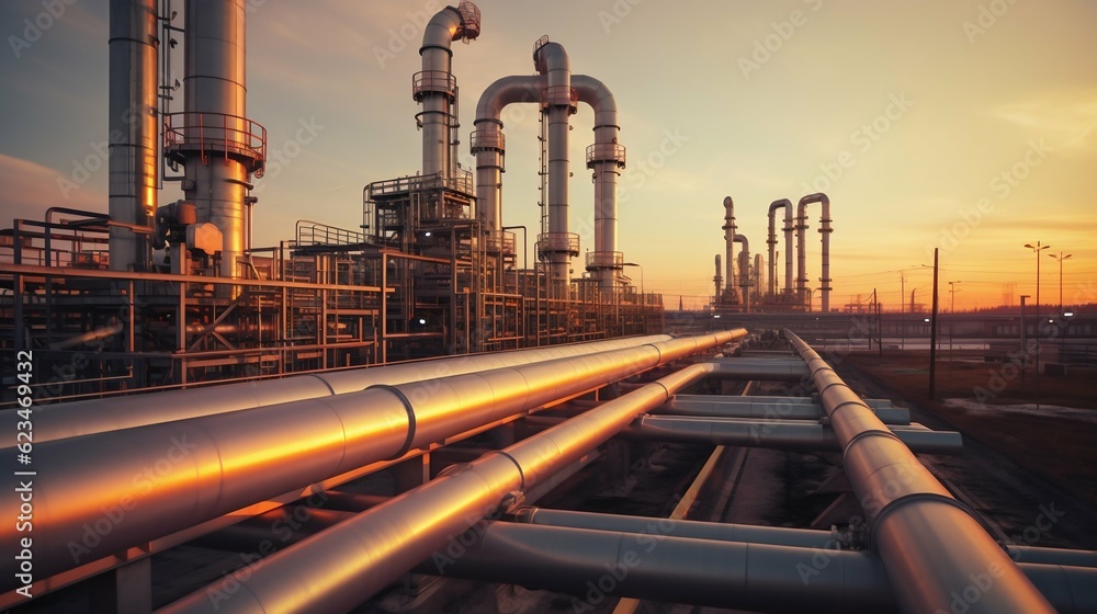 Transportation of Natural Gas via Metal Pipes from Petrochemical Plant at Dusk. Generative ai Transportation of Natural Gas via Metal Pipes from Petrochemical Plant at Dusk. Generative ai