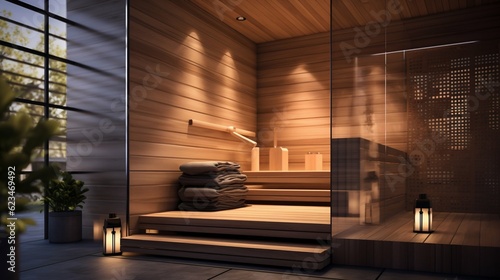 Modern Luxury Sauna in a Home Interior. Generative ai © Scrudje