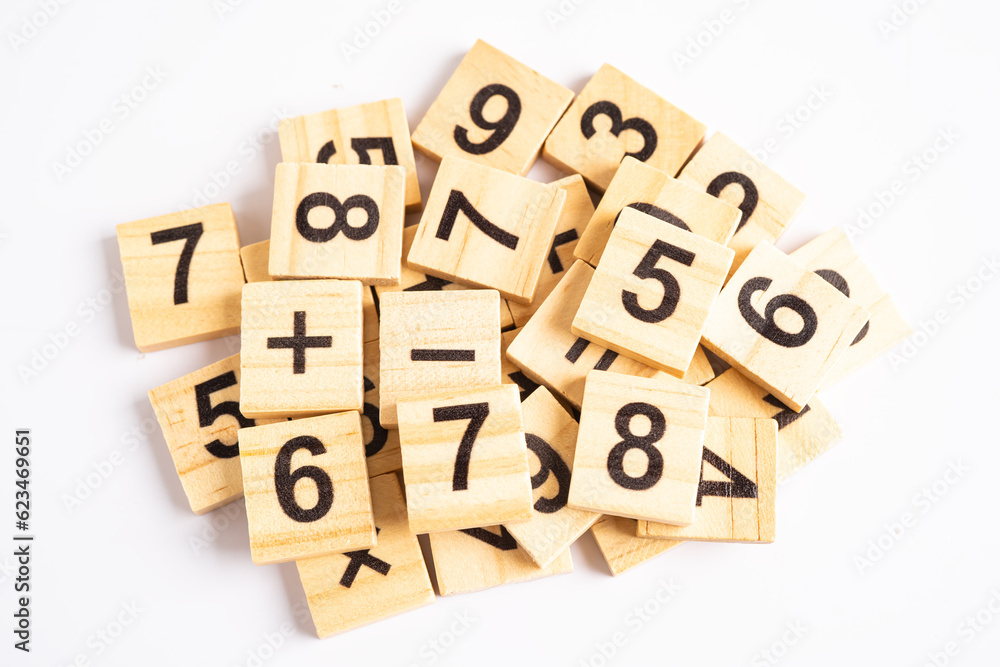 Math number wooden on white background, education study mathematics learning teach concept. Math number wooden on white background, education study mathematics learning teach concept.