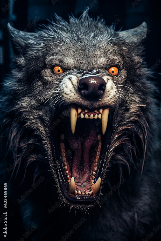 Loup féroce, loup garou, avec yeux jaune et gueule grande ouverte Générative IA Stock イラスト