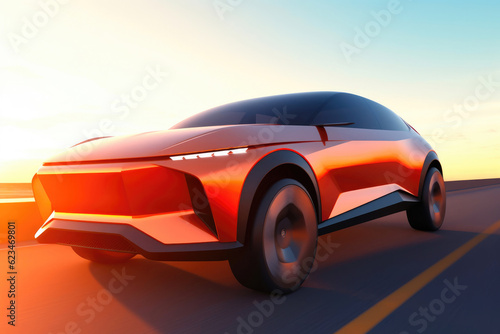 Renewable Energy-Powered Vehicle Zooming on the Horizon. Generative AI © Andrii 