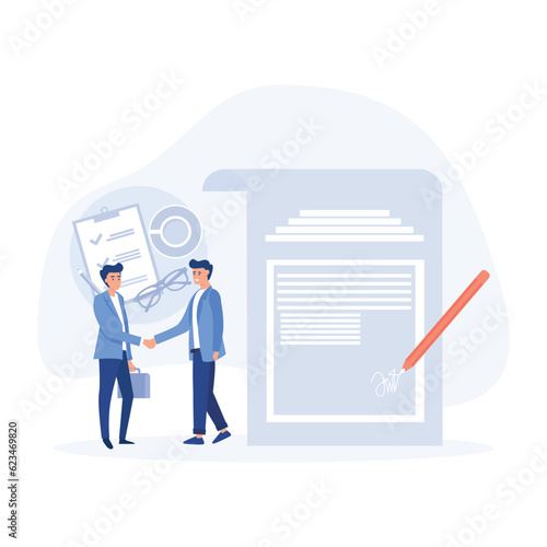 business concept,  Business people standing on a signed contract and shake hand, flat vector modern illustration