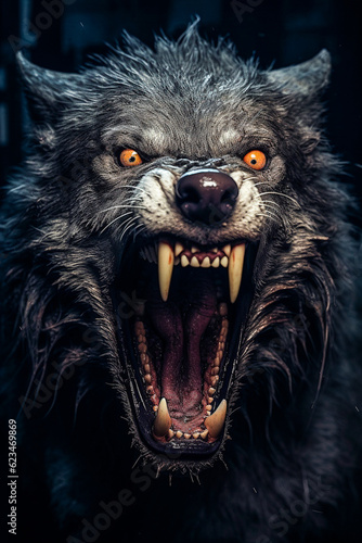 Loup féroce, loup garou, avec yeux jaune et gueule grande ouverte - Générative IA photo