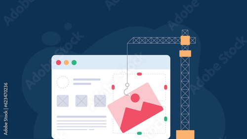 Vibrant vector illustration of a user-friendly website builder tool with drag-and-drop functionality, customizable templates, and responsive design features.