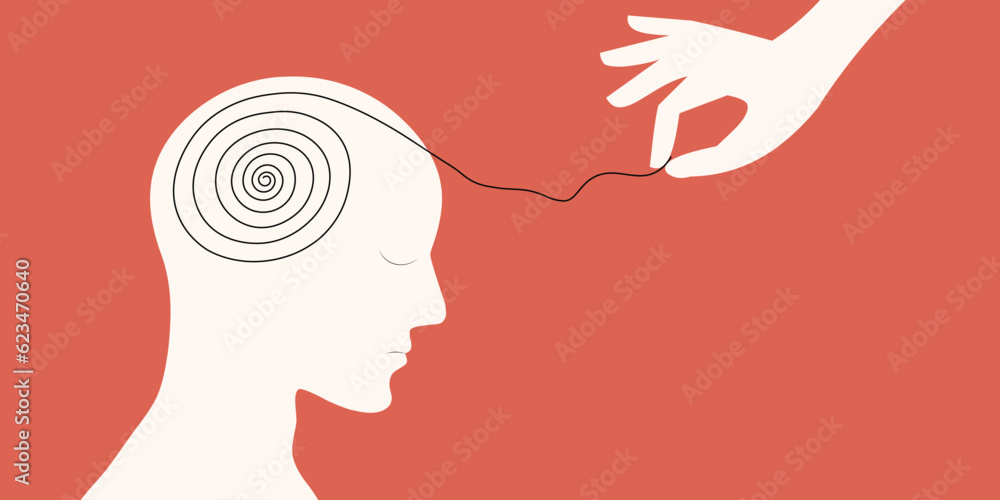Ταπετσαρία Psychologic therapy session concept with human head silhouette and helping hand unravels the tangle of messy thoughts with mental disorder, anxiety and confusion mind or stress