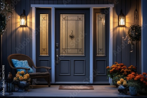 Front Door with Metal Frame, Glass Inserts, and Cozy Patio