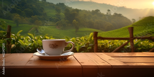 Coffee cup on wooden table, Cup of tea in the beautiful tea plantations in the mountains, generative Ai 