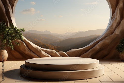 Empty circle stone stage podium, mountain nature background. Generative AI