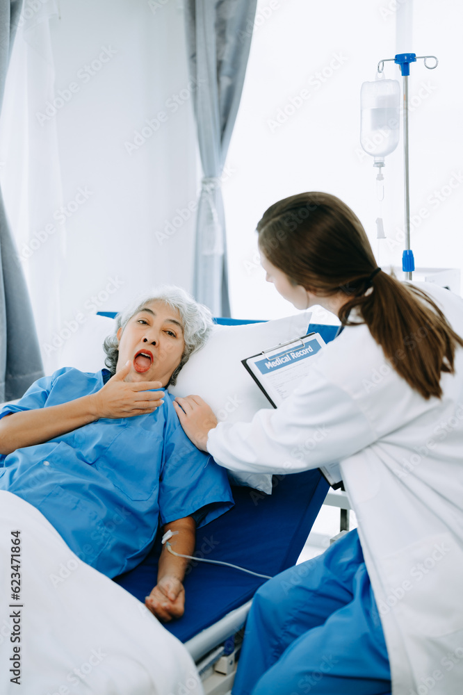 Woman Doctor and patient discussing something while sitting on examination bed in modern clinic or hospital . Medicine and health care concept. Woman Doctor and patient discussing something while sitting on examination bed in modern clinic or hospital . Medicine and health care concept.
