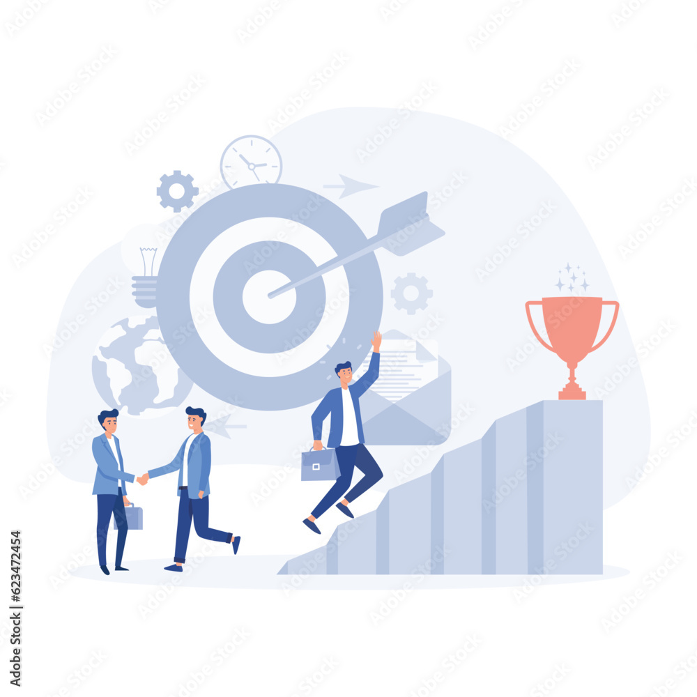 way to success concept, Businessman climb up to big trophy cup, flat vector modern illustration way to success concept, Businessman climb up to big trophy cup, flat vector modern illustration
