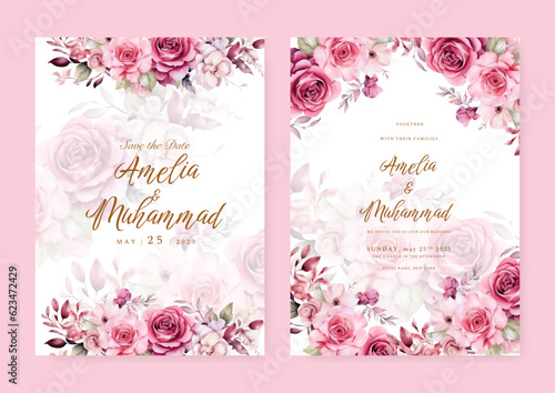 Watercolor wedding invitation template with pink white floral and leaves decoration