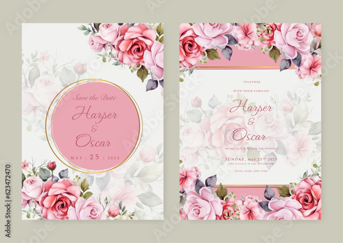 Pink wedding invitation template with floral frame Premium Vector © SyahCreation