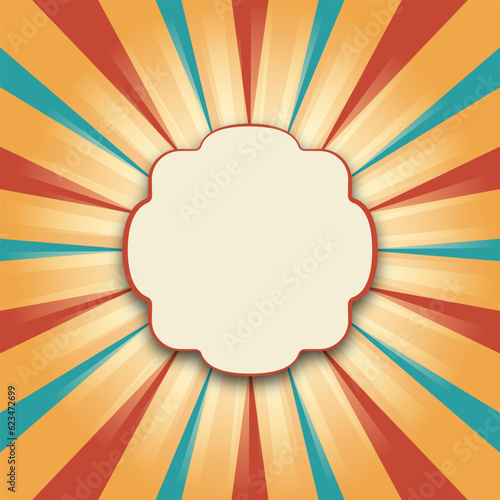 Vintage retro background. Template with sun rays and frame. Vintage circus background. Circus style show banner template.