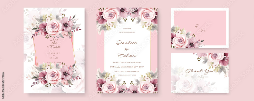 Watercolor wedding invitation template with pink white floral and leaves decoration