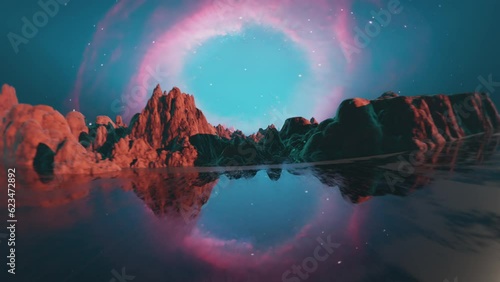 Flying over the surface of an ocean covered alien planet with red rocks. Terraformed mars. Planet in space containing water. Nebula in the sky. Sci fi, science fiction looping video.
