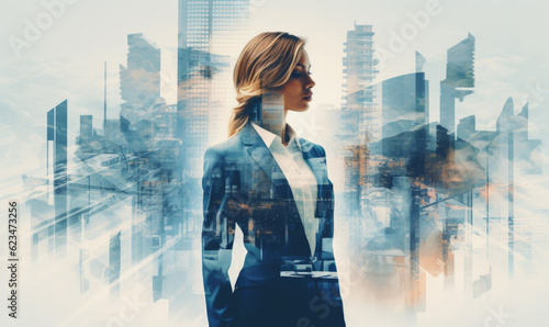 Double exposure image of a female business leader with modern city background