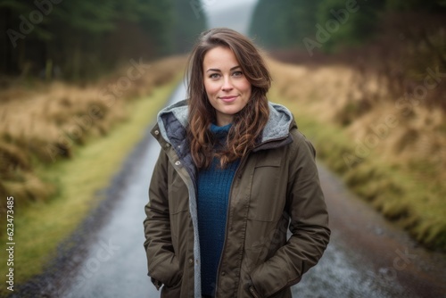 Three-quarter studio portrait photography of a satisfied girl in her 30s wearing a durable parka against a winding country road background. With generative AI technology